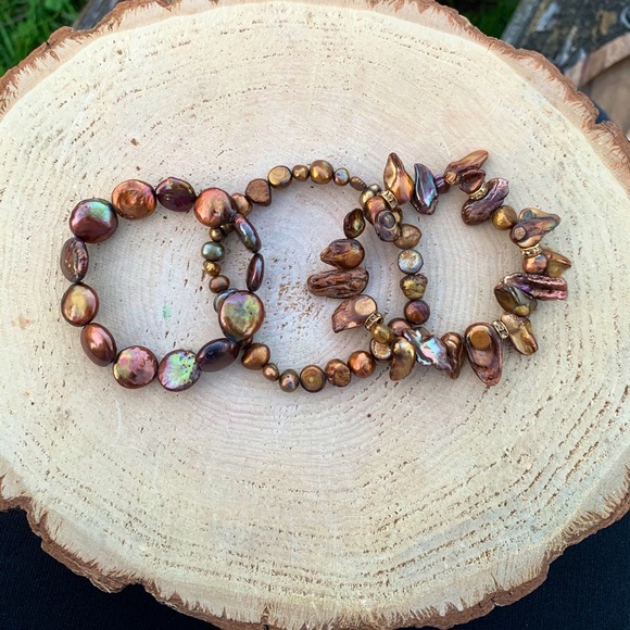 Natural Brown & Copper Cultured Baroque High Luster Freshwater Pearl Bracelets - Picture 12 of 15